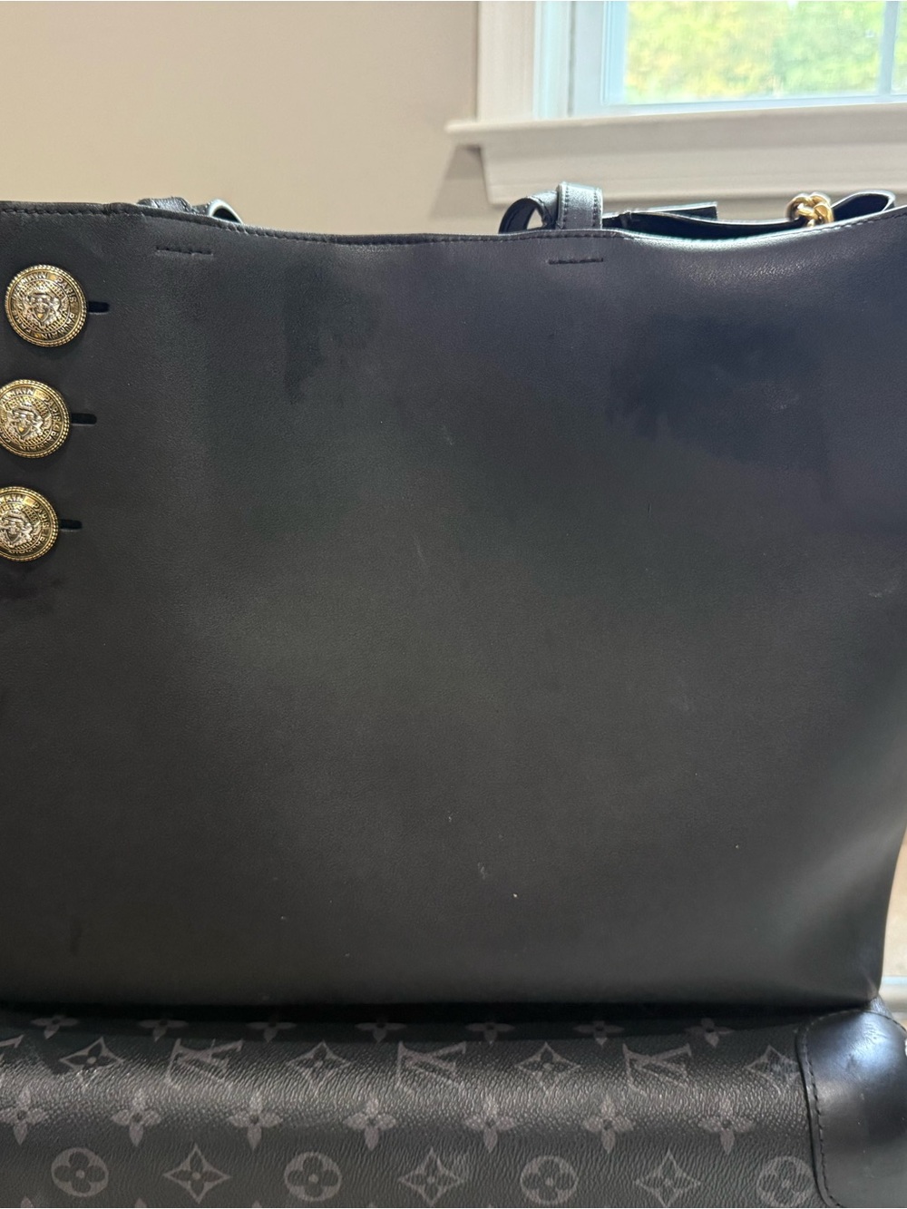 Balmain Black Leather Tote with Gold Medallion Accents